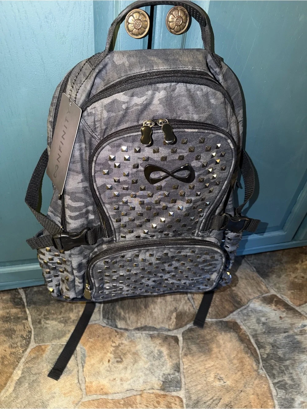 Nfinity Slate/Black Camo Women’s Cheer Backpack W/Hematite Pyramid Studs!!